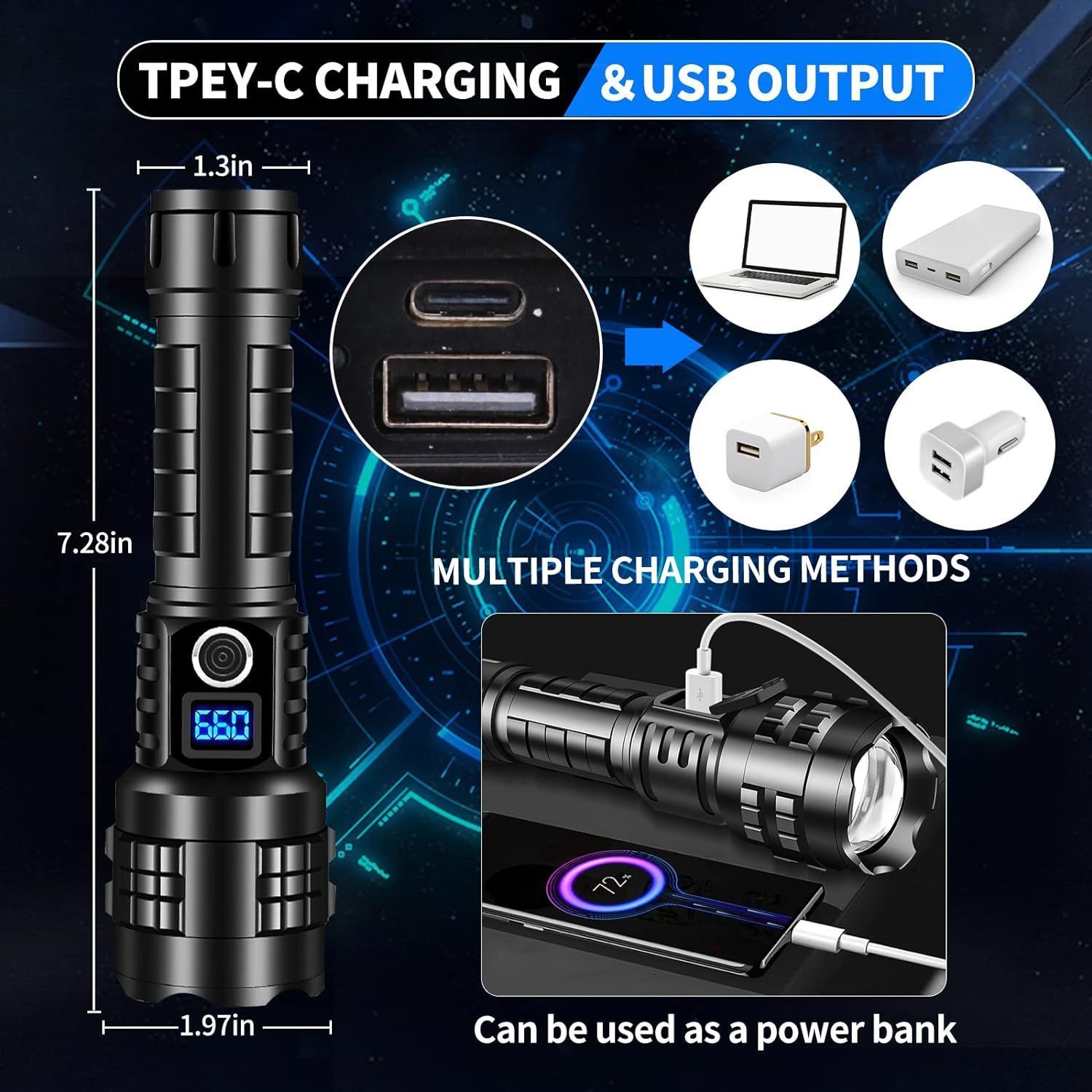 Gift Box Heavy Duty LED Flashlight and Tactical Torch - Waterproof & High Power, Zoomable 5 Modes, USB-C Rechargeable, Digital Display & Emergency Power Bank for Home & Outdoor Use - Image 3