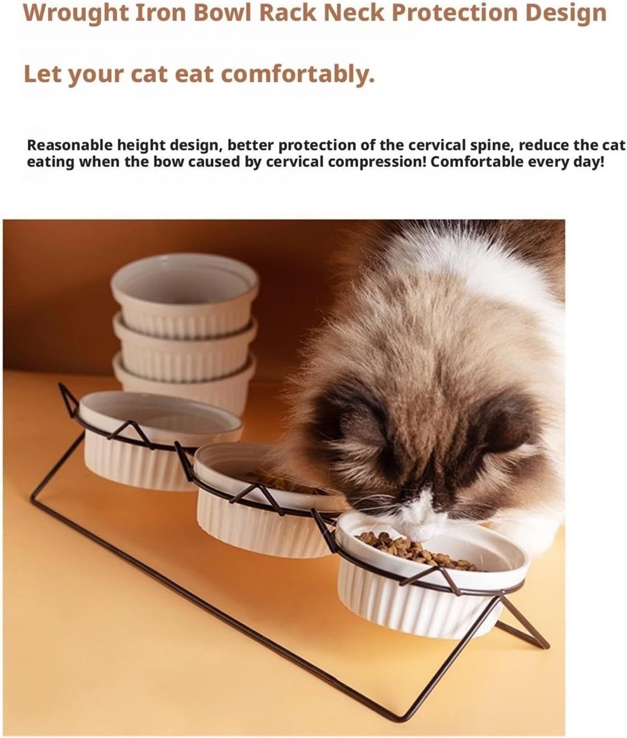Triple Slanted Ceramic Pet Bowl Set with Elevated Iron Stand and Non Slip Base - 3 x 300ML Versatile Pink Cat Paw Print Pattern Dishes for Water & Food - Image 3