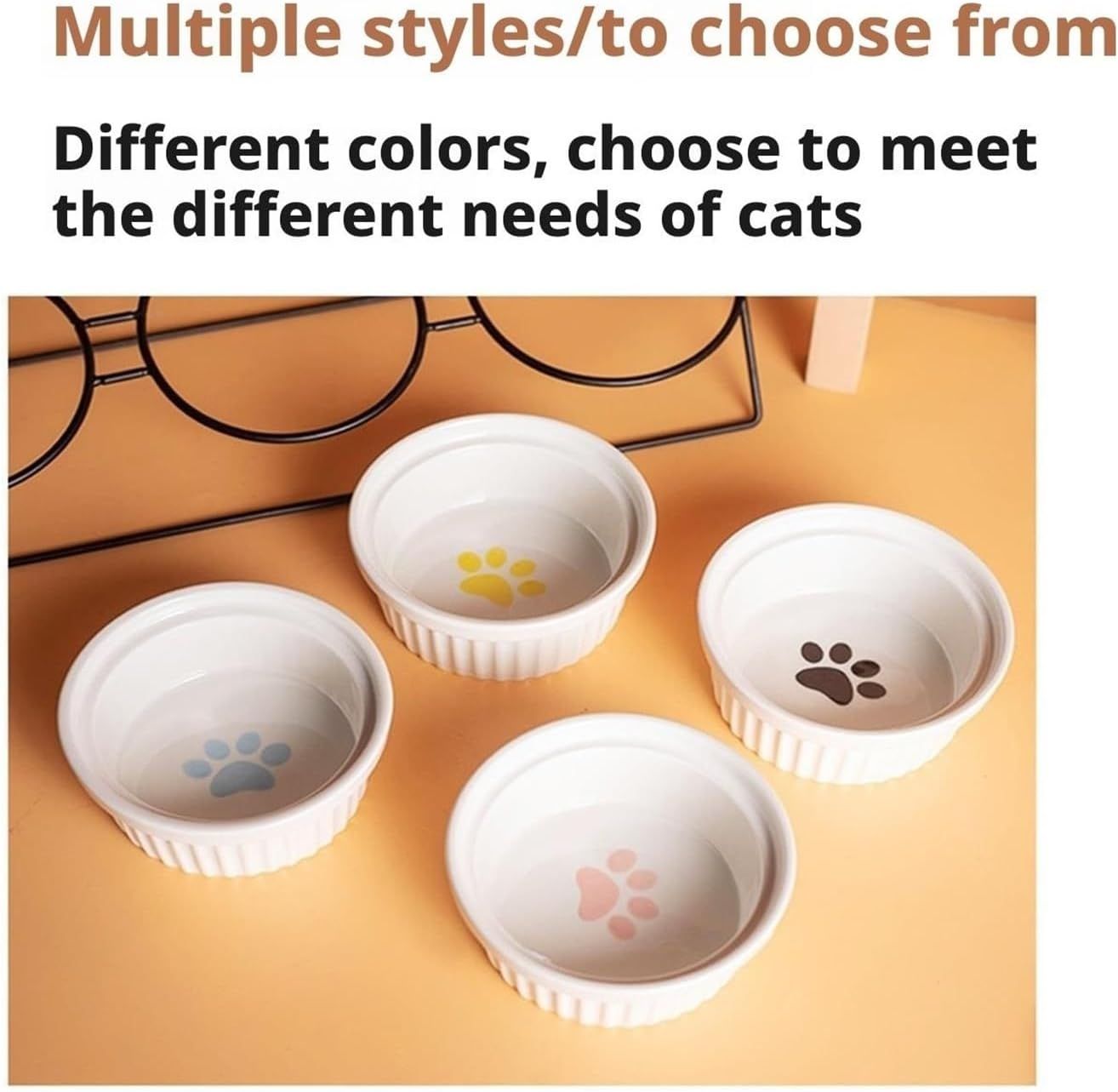 Triple Slanted Ceramic Pet Bowl Set with Elevated Iron Stand and Non Slip Base - 3 x 300ML Versatile Pink Cat Paw Print Pattern Dishes for Water & Food - Image 5