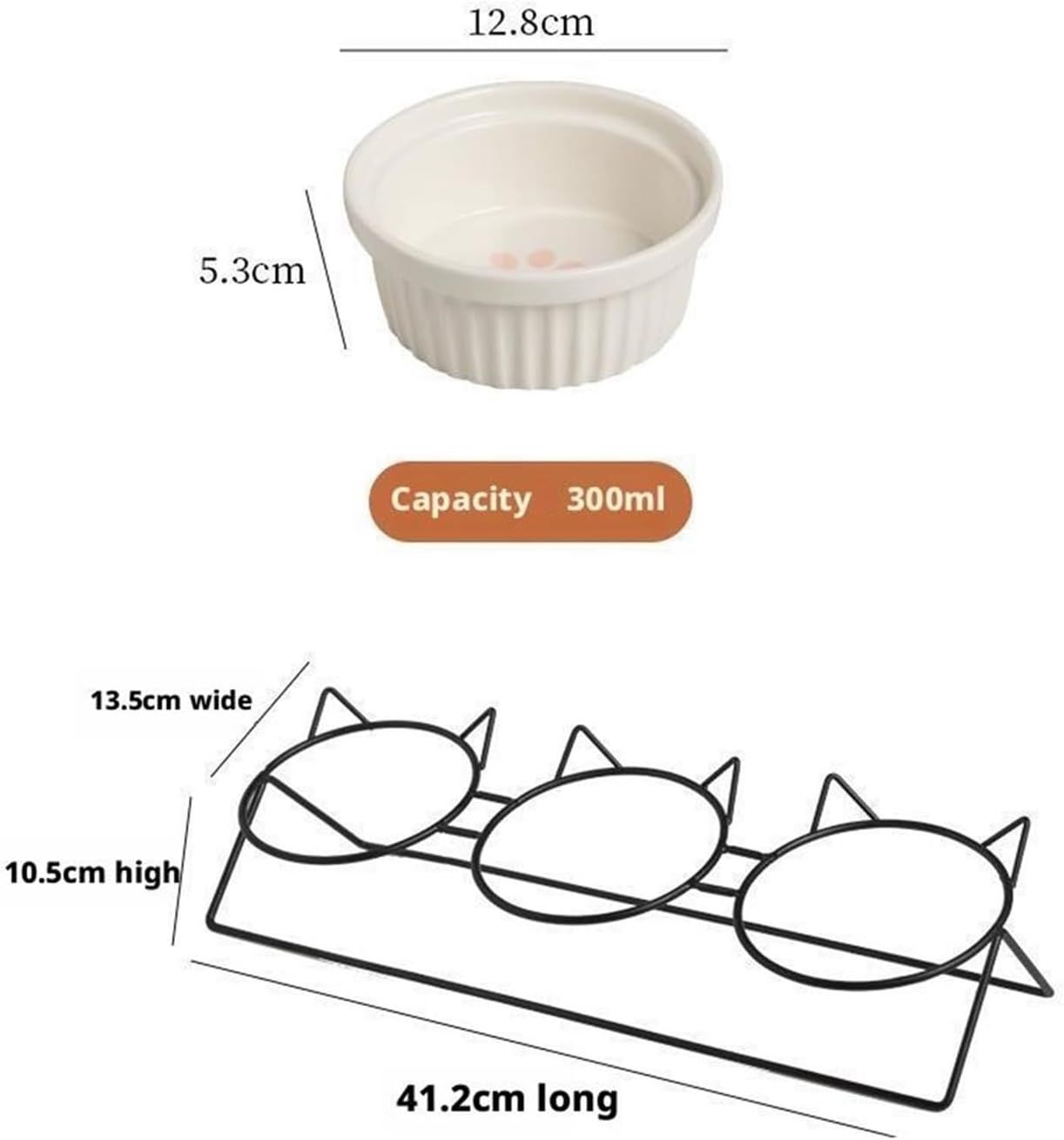 Triple Slanted Ceramic Pet Bowl Set with Elevated Iron Stand and Non Slip Base - 3 x 300ML Versatile Black Cat Paw Print Pattern Dishes for Water & Food - Image 7