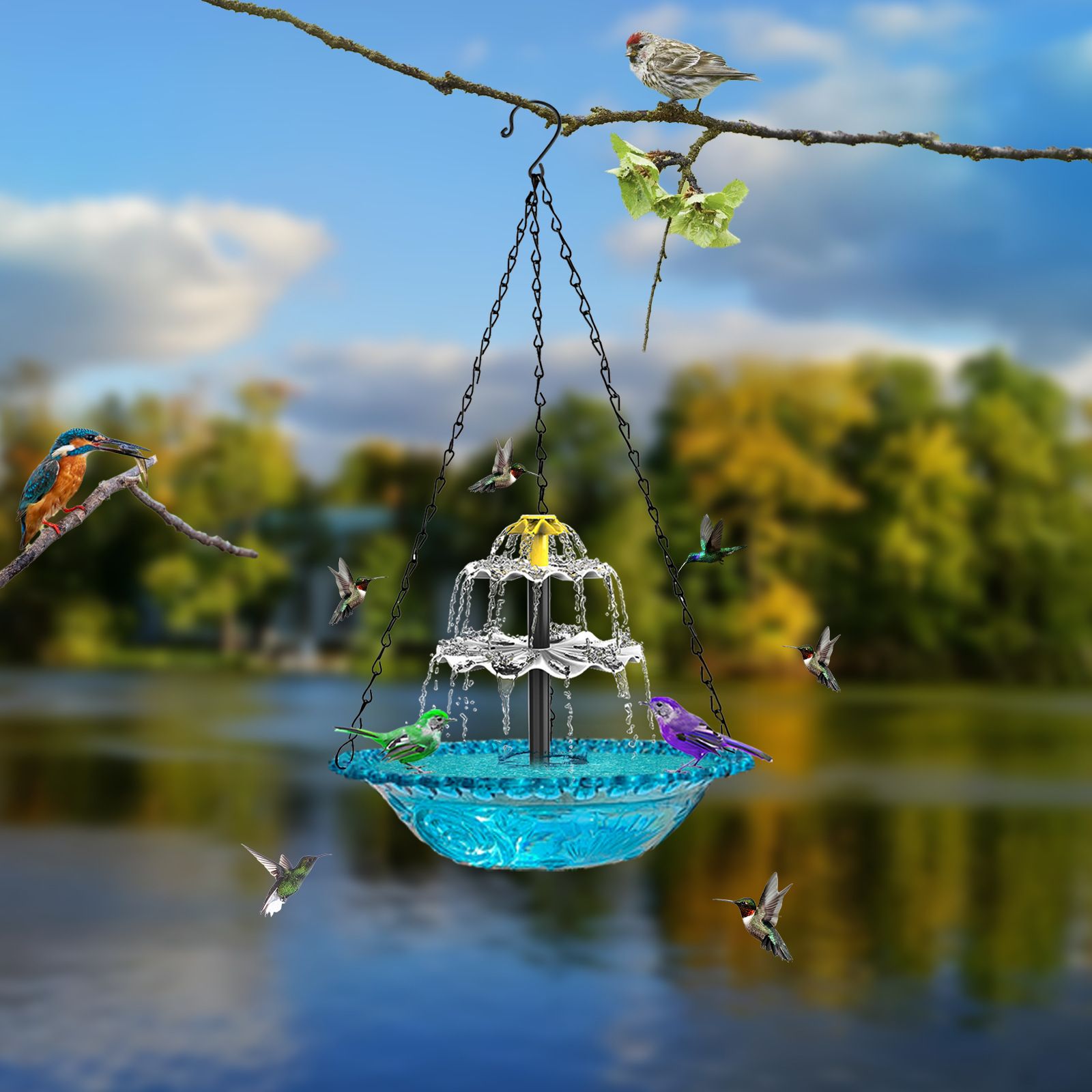 Blue Solar Hanging 3-Layer Cascade Bird Bath Fountain & Wildlife Feeder - 9.25