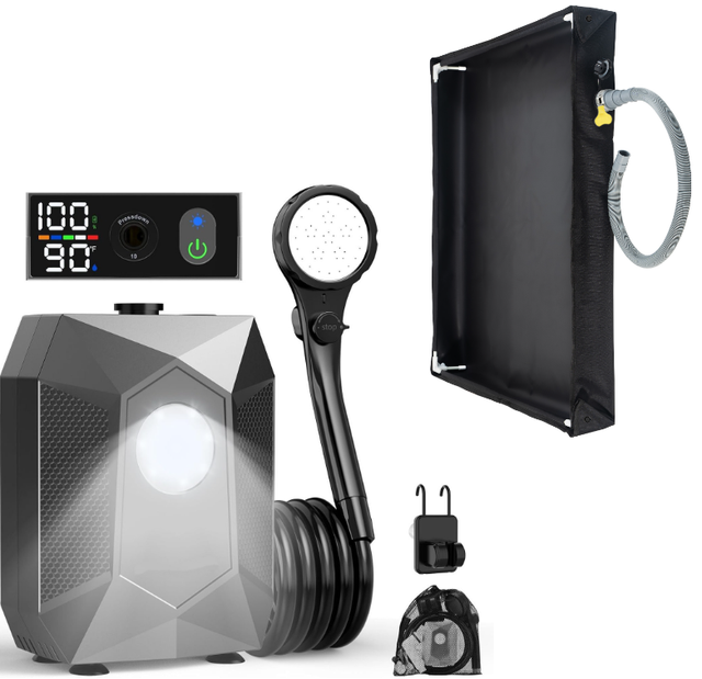 Portable Rechargeable Camping Shower Pump Kit with Digital Temperature Display, 4-Level LED Light, 5-Gear Water Flow - Includes 80x80CM Foldable Shower Basin Tray - Image 1