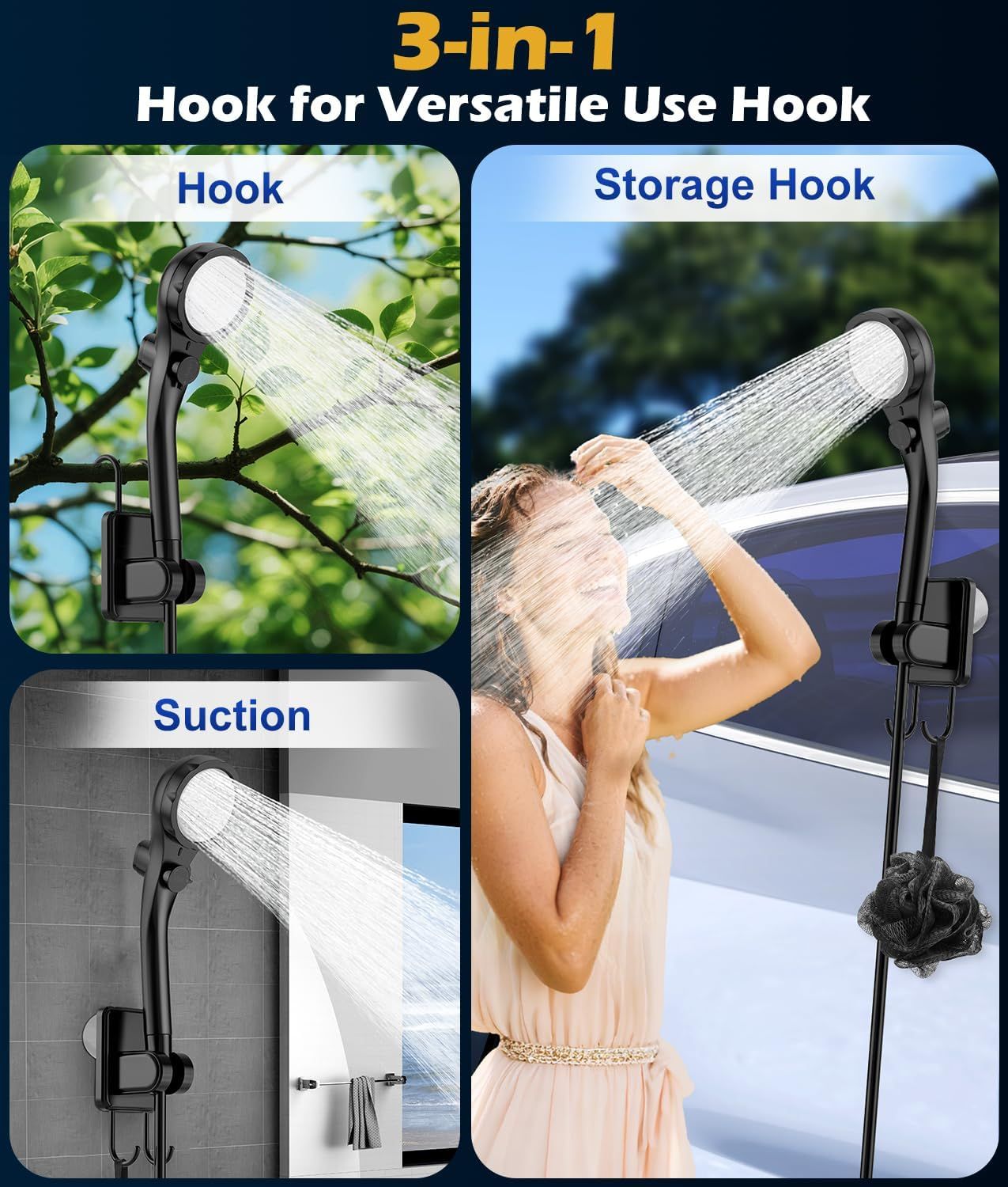 Portable Rechargeable Camping Shower Pump Kit with Digital Temperature Display, 4-Level LED Light, 5-Gear Water Flow - Includes 80x80CM Foldable Shower Basin Tray - Image 6