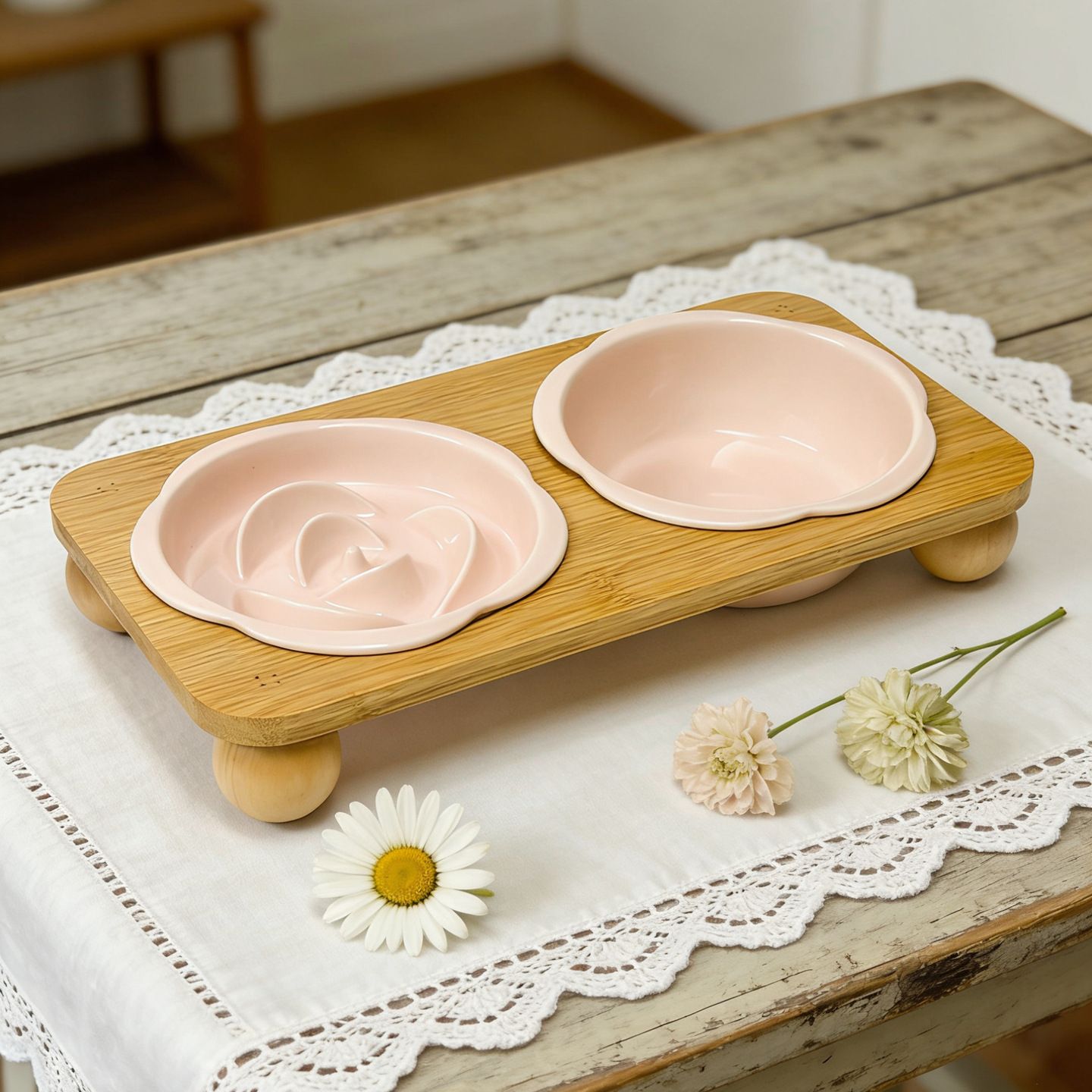 Pink Ceramic Floral Cat Slow Feeder(190ML) & Water Bowl(320ML) Set - Dishwasher Safe Pet Dual Dining Kit with Neck-Friendly Elevated Stand - Image 1