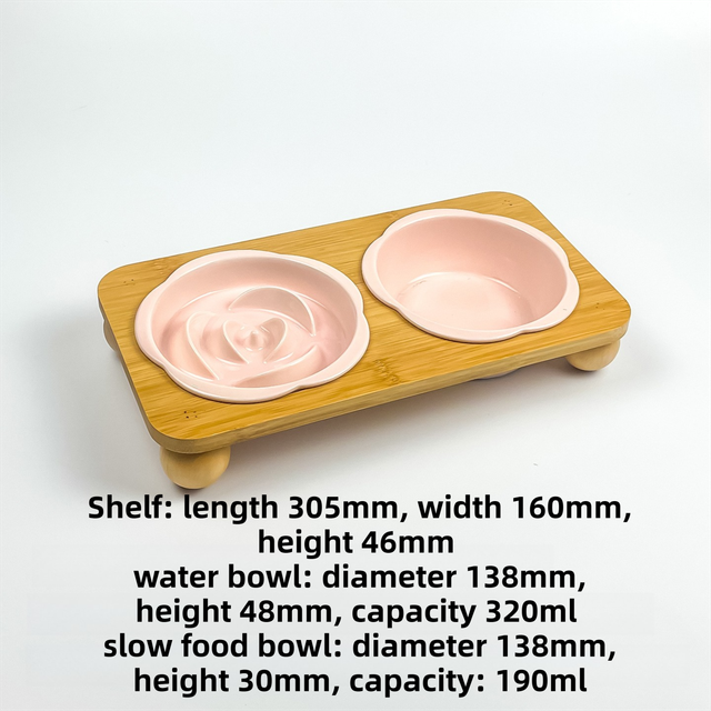 Pink Ceramic Floral Cat Slow Feeder(190ML) & Water Bowl(320ML) Set - Dishwasher Safe Pet Dual Dining Kit with Neck-Friendly Elevated Stand - Image 2