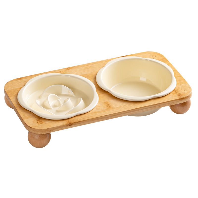 Yellow Ceramic Floral Cat Slow Feeder(190ML) & Water Bowl(320ML) Set - Dishwasher Safe Pet Dual Dining Kit with Neck-Friendly Elevated Stand - Image 1