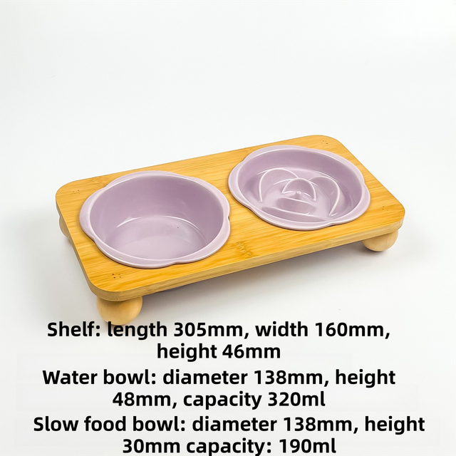 Purple Ceramic Floral Cat Slow Feeder(190ML) & Water Bowl(320ML) Set - Dishwasher Safe Pet Dual Dining Kit with Neck-Friendly Elevated Stand - Image 1