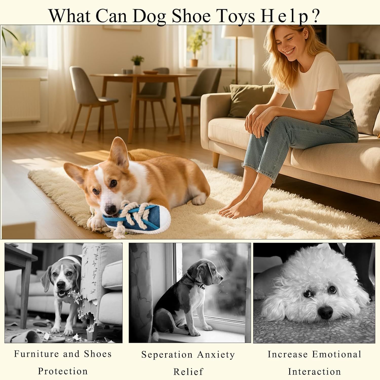 2-Pack Yellow Bite Resistant Slipper Interactive Dog Toy Built in BB Squeaky & Bell - Durable Oxford Cloth and Cotton Rope Chew Toy for Teeth Cleaning & Boredom Relief - Image 2