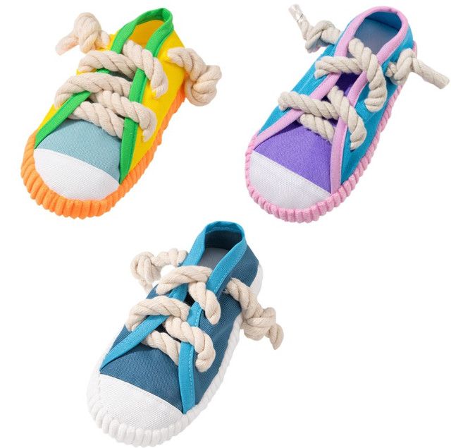 3-Pack Bite Resistant Slipper Interactive Dog Toy Built in BB Squeaky & Bell - Durable Oxford Cloth and Cotton Rope Chew Toy for Teeth Cleaning & Boredom Relief, 3-Colors Yellow + Blue + Pink Purple - Image 1