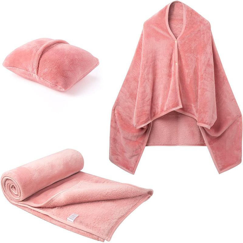 3-in-1 Portable Travel Blanket / Pillow / Wearable Shawl with Snap & Envelope Folding Design - 230GSM Soft Flannel Thickened Nap Blanket for Airplane Office Home, Space Saving & Machine Washable, Pink 40 x 60 inch - Image 1