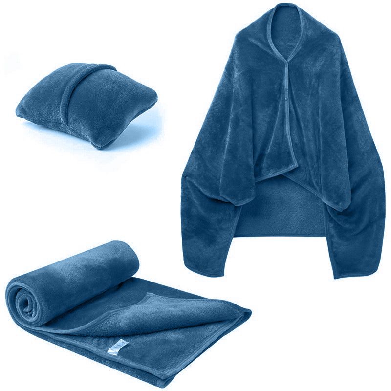 3-in-1 Portable Travel Blanket / Pillow / Wearable Shawl with Snap & Envelope Folding Design - 230GSM Soft Flannel Thickened Nap Blanket for Airplane Office Home, Space Saving & Machine Washable, Blue 40 x 60 inch - Image 1
