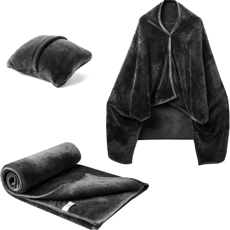 3-in-1 Portable Travel Blanket / Pillow / Wearable Shawl with Snap & Envelope Folding Design - 230GSM Soft Flannel Thickened Nap Blanket for Airplane Office Home, Space Saving & Machine Washable, Black 40 x 60 inch - Image 1