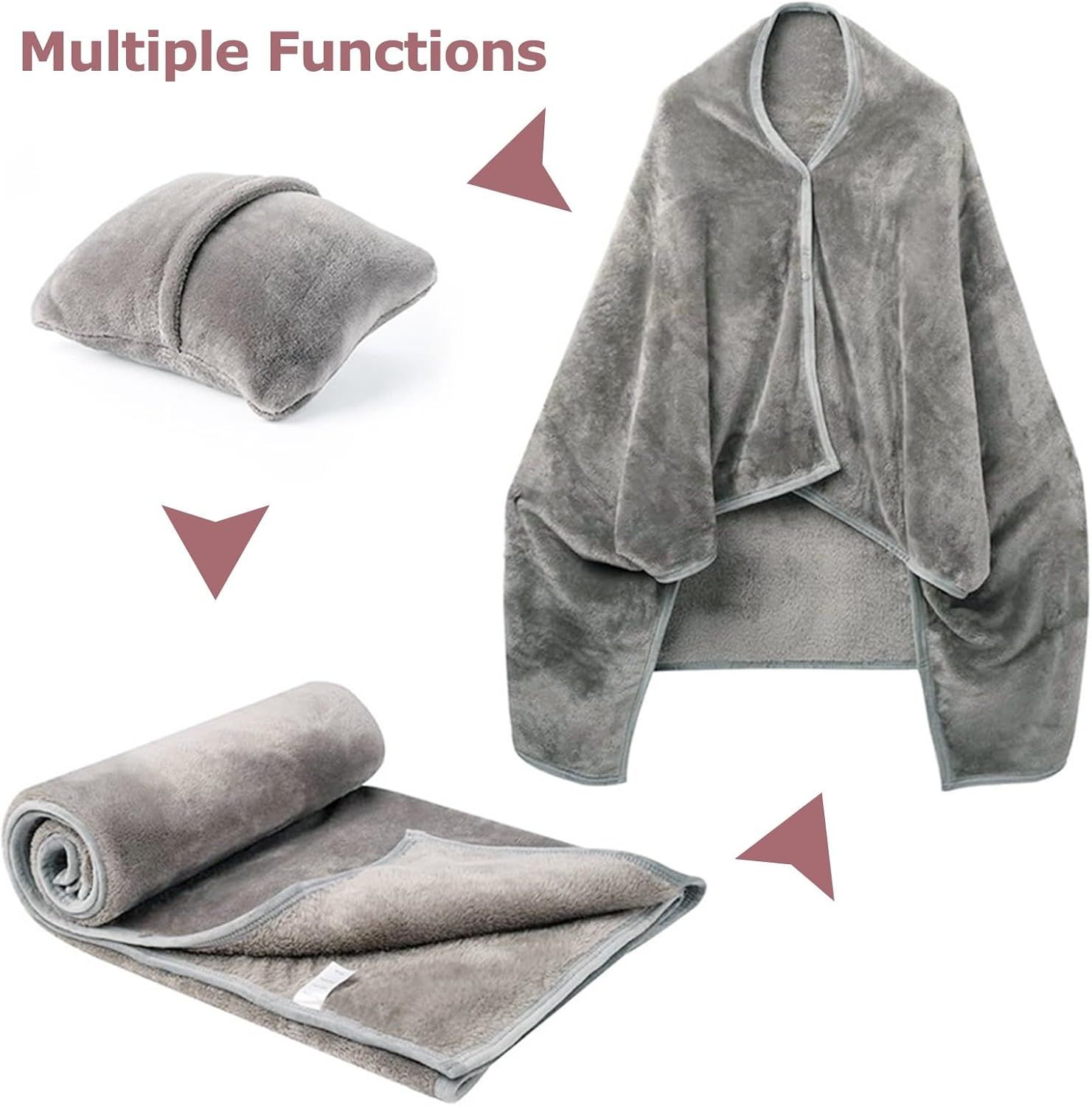 3-in-1 Portable Travel Blanket / Pillow / Wearable Shawl with Snap & Envelope Folding Design - 230GSM Soft Flannel Thickened Nap Blanket for Airplane Office Home, Space Saving & Machine Washable, Black 40 x 60 inch - Image 2