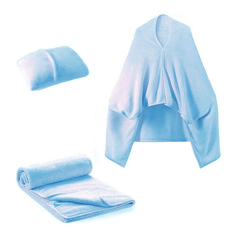 3-in-1 Portable Travel Blanket / Pillow / Wearable Shawl with Snap & Envelope Folding Design - 230GSM Soft Flannel Thickened Nap Blanket for Airplane Office Home, Space Saving & Machine Washable, Light Blue 40 x 60 inch - Image 1