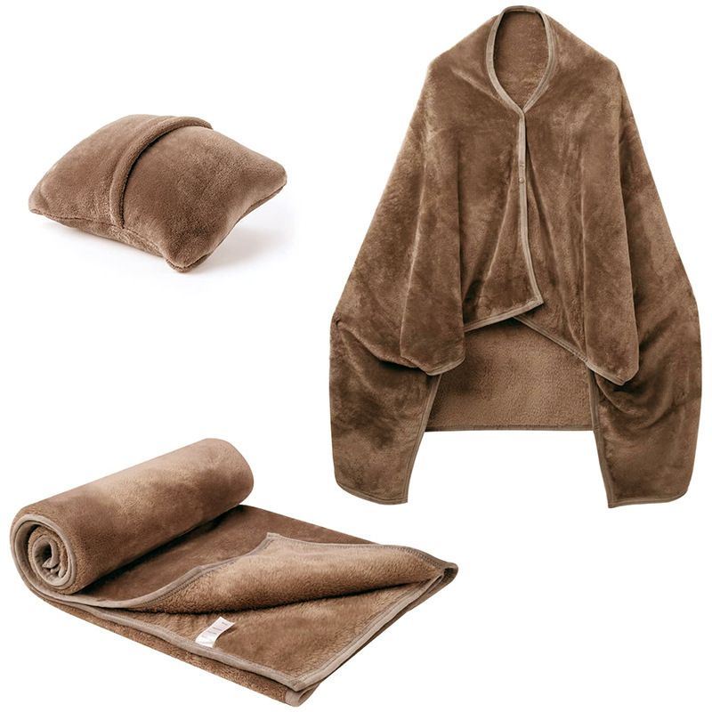 3-in-1 Portable Travel Blanket / Pillow / Wearable Shawl with Snap & Envelope Folding Design - 230GSM Soft Flannel Thickened Nap Blanket for Airplane Office Home, Space Saving & Machine Washable, Coffee 60 x 70 inch - Image 1