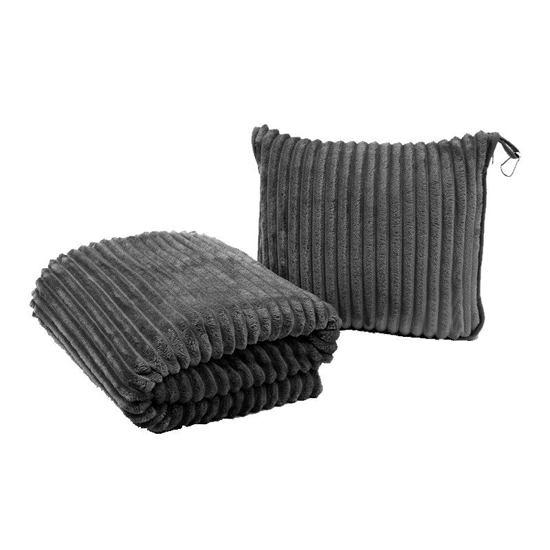 2-in-1 Dark Grey Soft Ribbed Flannel Travel Blanket / Folding Zipper Pillow with Luggage Strap & Hook - 40x60 Inch Portable Dual-Layer Fleece Nap Blanket for Airplane Travel Office Camping - Image 1