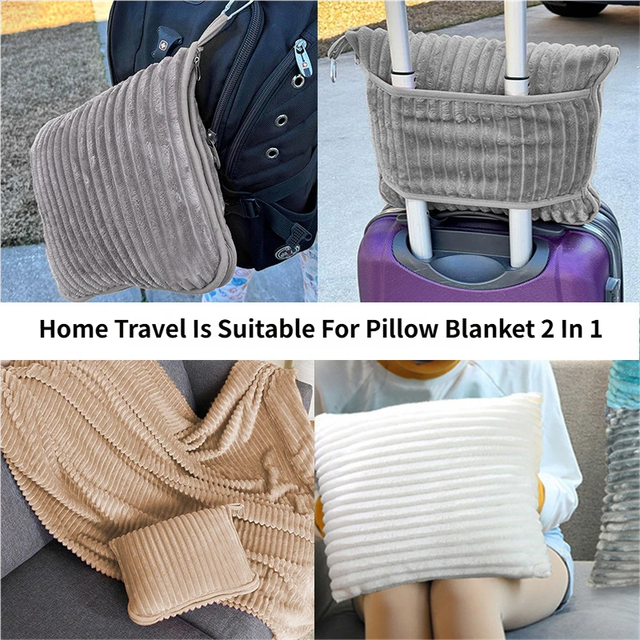 2-in-1 Light Grey Soft Ribbed Flannel Travel Blanket / Folding Zipper Pillow with Luggage Strap & Hook - 40x60 Inch Portable Dual-Layer Fleece Nap Blanket for Airplane Travel Office Camping - Image 3