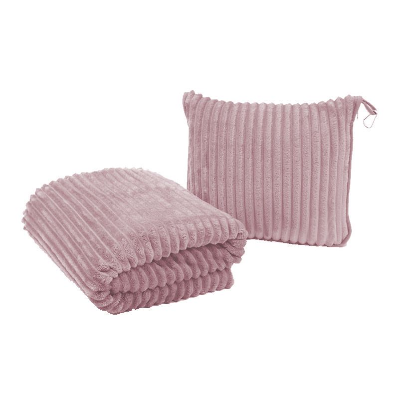 2-in-1 Pink Soft Ribbed Flannel Travel Blanket / Folding Zipper Pillow with Luggage Strap & Hook - 40x60 Inch Portable Dual-Layer Fleece Nap Blanket for Airplane Travel Office Camping - Image 1