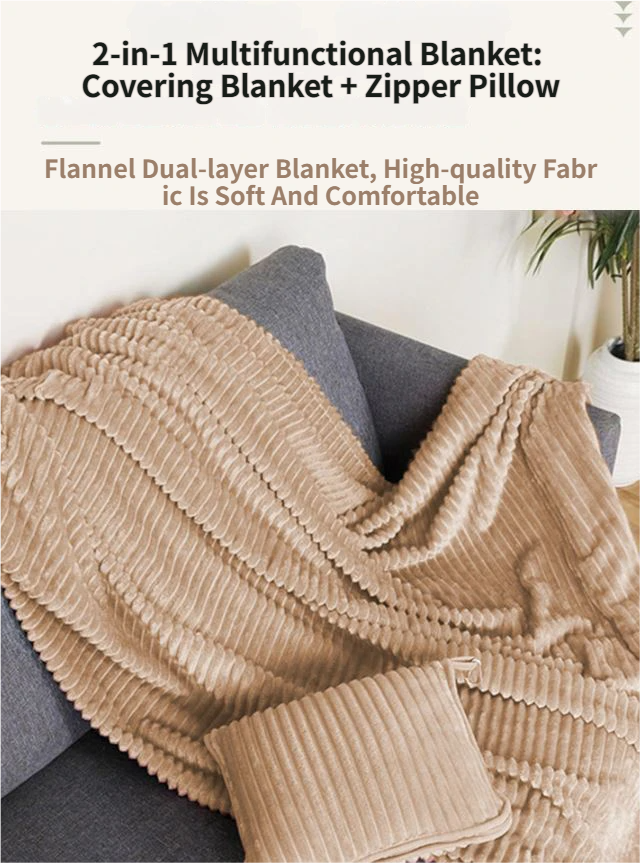 2-in-1 Pink Soft Ribbed Flannel Travel Blanket / Folding Zipper Pillow with Luggage Strap & Hook - 40x60 Inch Portable Dual-Layer Fleece Nap Blanket for Airplane Travel Office Camping - Image 2