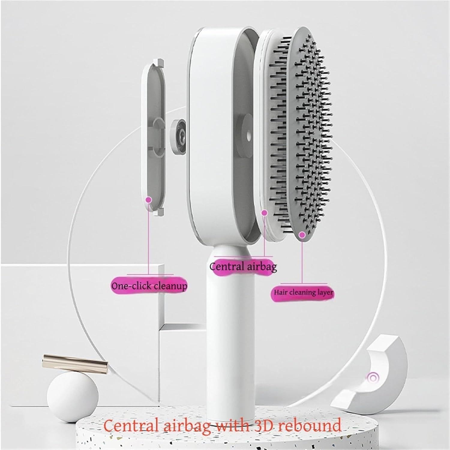 White 3D Airbag Massage Self Cleaning Hair Brush with Base - for Long Hair - One-Click Easy Hair Removal - Scalp Soothing Detangler for Professional Home Hair Care - Image 3