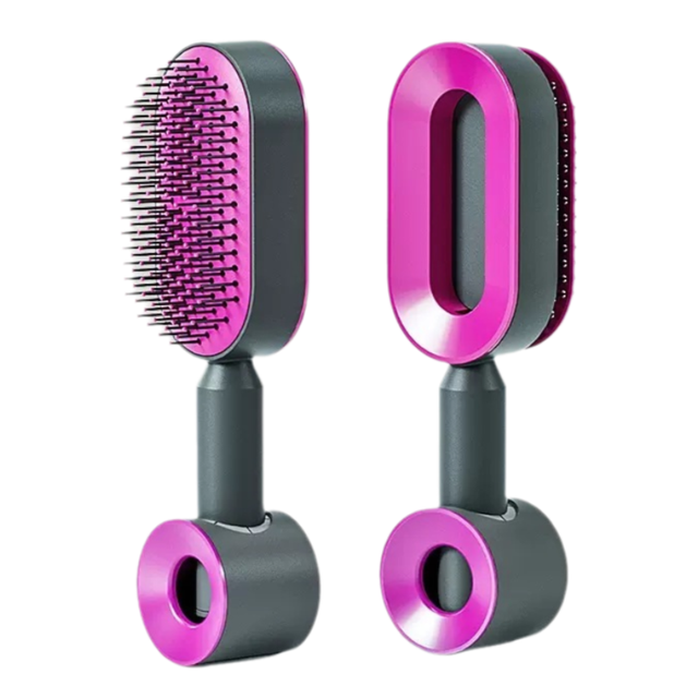 Black and Purple 3D Airbag Massage Self Cleaning Hair Brush with Base - for Long Hair - One-Click Easy Hair Removal - Scalp Soothing Detangler for Professional Home Hair Care - Image 1