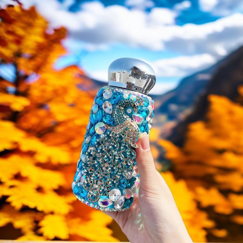 Blue Peacock Pattern Handmade Luxury Diamond Insulated Water Bottle – Bling Rhinestone 304 Stainless Steel Pocket Mug (260ml) - Image 1