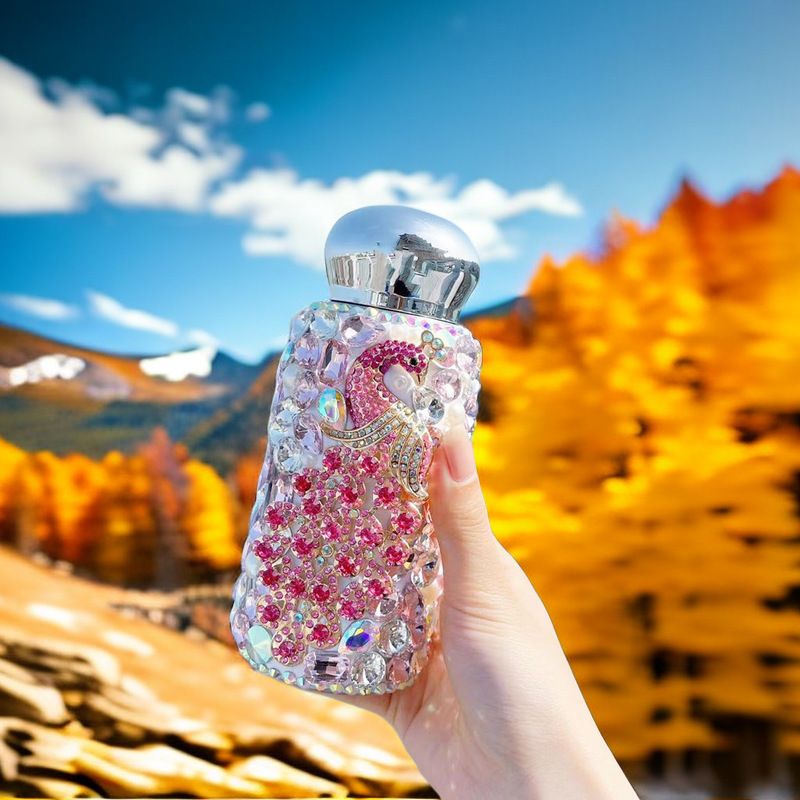Pink Peacock Pattern Handmade Luxury Diamond Insulated Water Bottle – Bling Rhinestone 304 Stainless Steel Pocket Mug (260ml) - Image 1