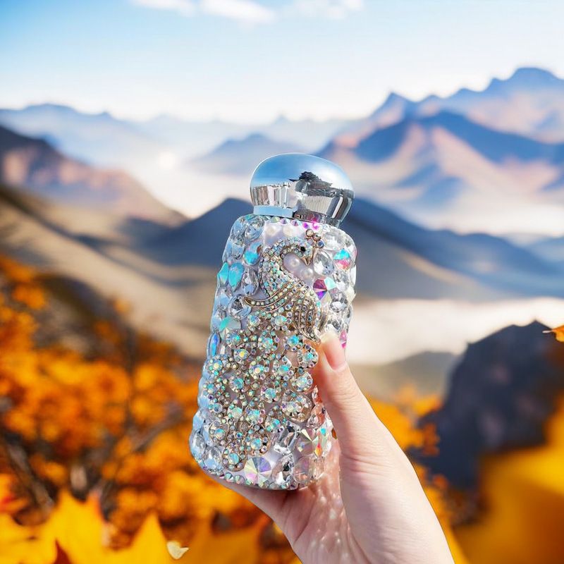 White Peacock Pattern Handmade Luxury Diamond Insulated Water Bottle – Bling Rhinestone 304 Stainless Steel Pocket Mug (260ml) - Image 1