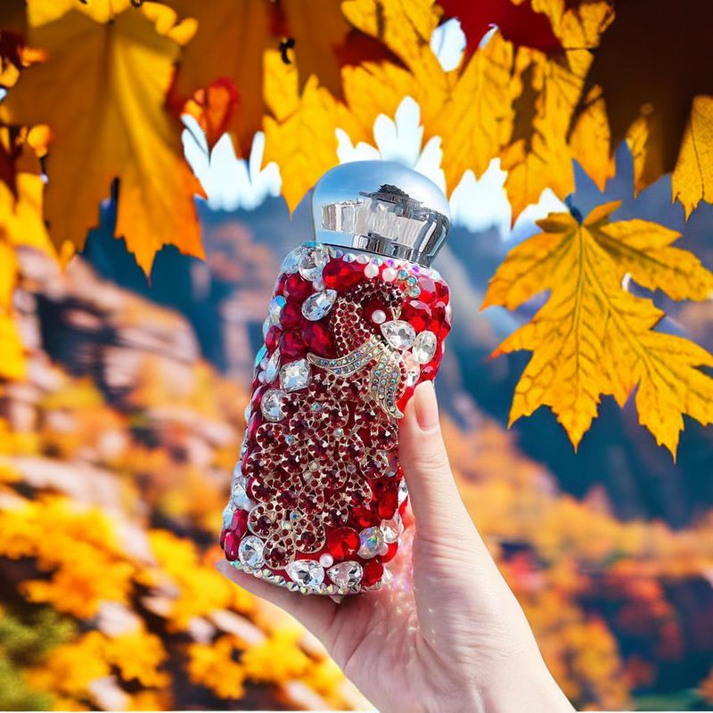 Red Peacock Pattern Handmade Luxury Diamond Insulated Water Bottle – Bling Rhinestone 304 Stainless Steel Pocket Mug (260ml) - Image 1