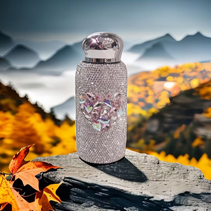 Pink Heart Pattern Handmade Luxury Diamond Insulated Water Bottle – Bling Rhinestone 304 Stainless Steel Pocket Mug (260ml) - Image 1