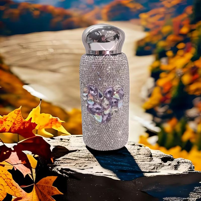 Purple Heart Pattern Handmade Luxury Diamond Insulated Water Bottle – Bling Rhinestone 304 Stainless Steel Pocket Mug (260ml) - Image 1