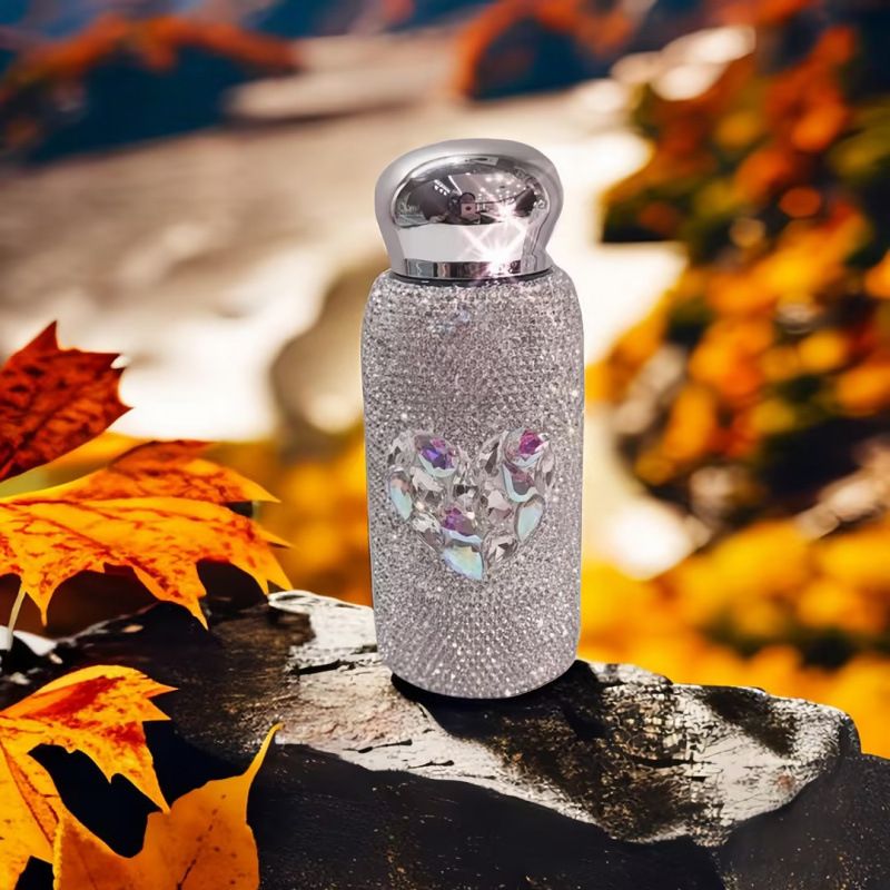 White Heart Pattern Handmade Luxury Diamond Insulated Water Bottle – Bling Rhinestone 304 Stainless Steel Pocket Mug (260ml) - Image 1