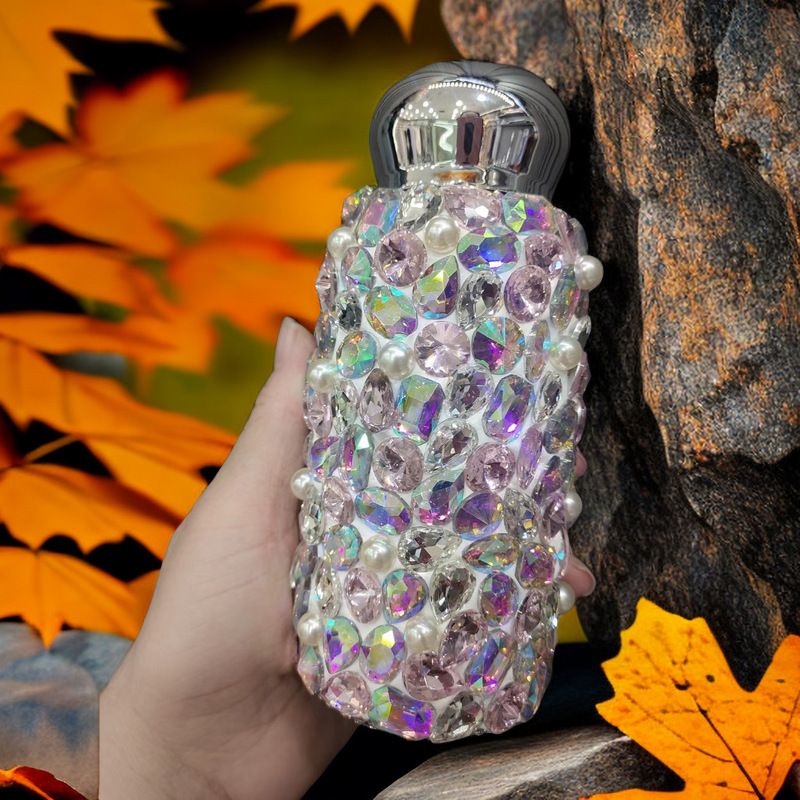 Pink Square Crystal Handmade Luxury Diamond Insulated Water Bottle – Bling Rhinestone 304 Stainless Steel Pocket Mug (260ml) - Image 1