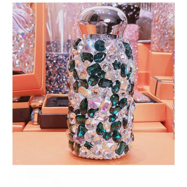 Green Square Crystal Handmade Luxury Diamond Insulated Water Bottle – Bling Rhinestone 304 Stainless Steel Pocket Mug (260ml) - Image 1
