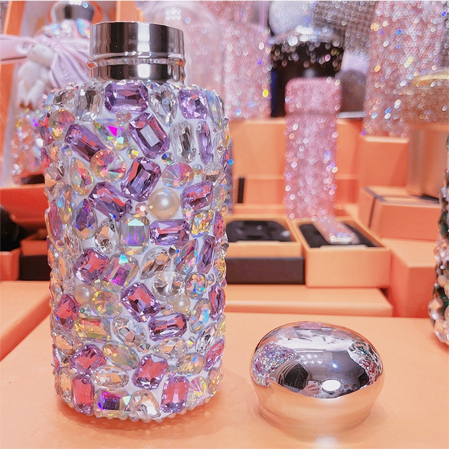 Purple Square Crystal Handmade Luxury Diamond Insulated Water Bottle – Bling Rhinestone 304 Stainless Steel Pocket Mug (260ml) - Image 1