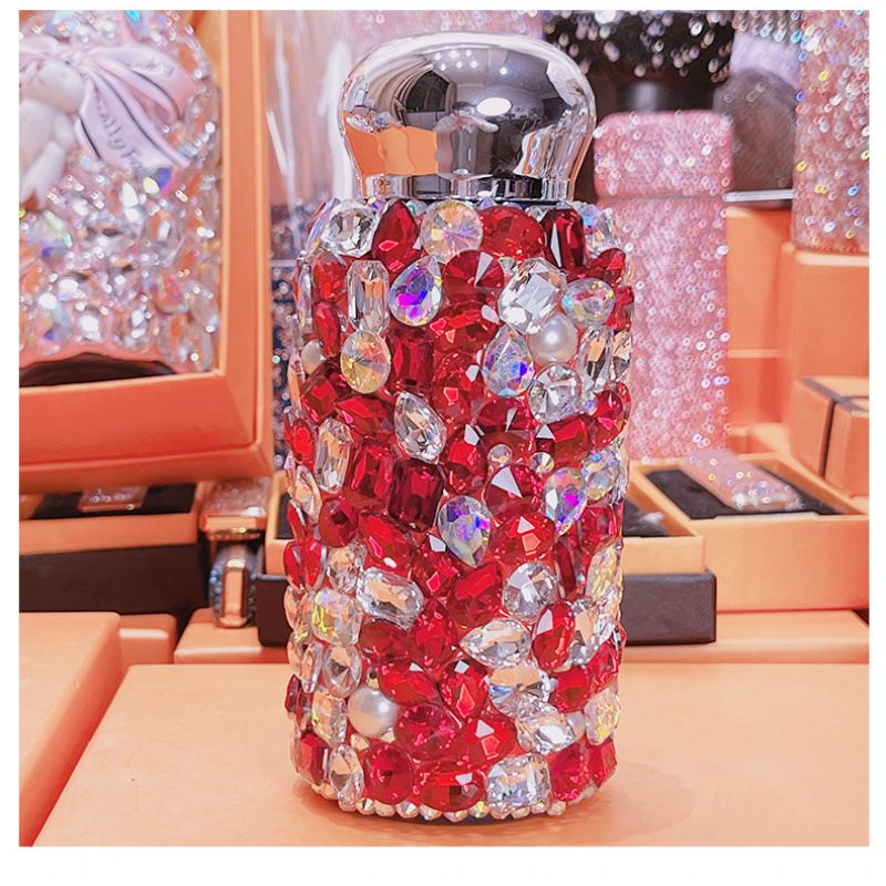 Red Square Crystal Handmade Luxury Diamond Insulated Water Bottle – Bling Rhinestone 304 Stainless Steel Pocket Mug (260ml) - Image 1