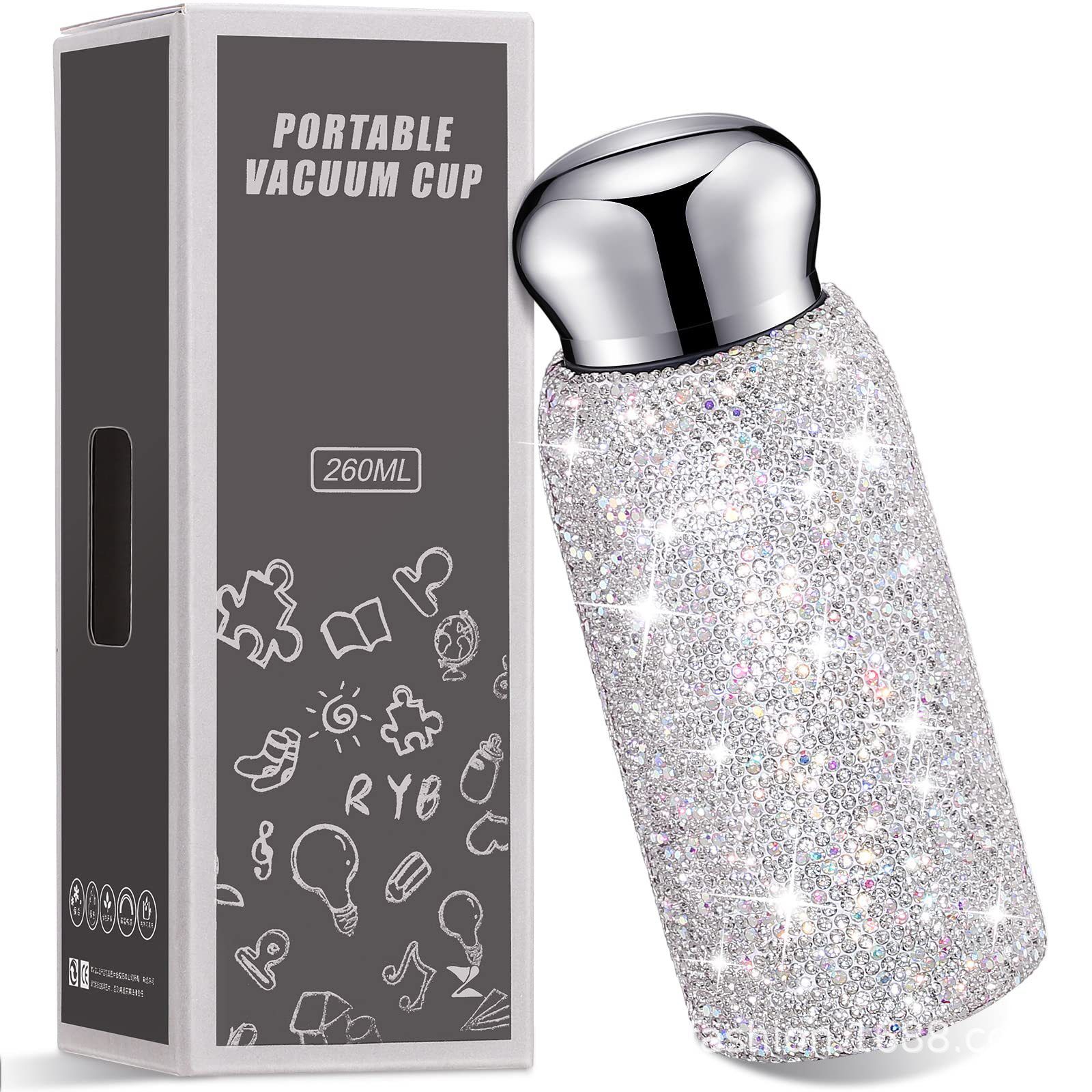 White Handmade Luxury Diamond Insulated Water Bottle – Bling Rhinestone 304 Stainless Steel Pocket Mug (260ml) - Image 1