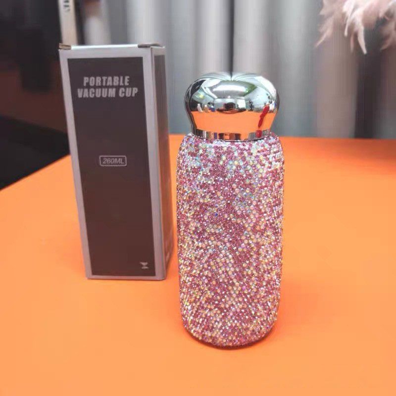 Pink Handmade Luxury Diamond Insulated Water Bottle – Bling Rhinestone 304 Stainless Steel Pocket Mug (260ml) - Image 1