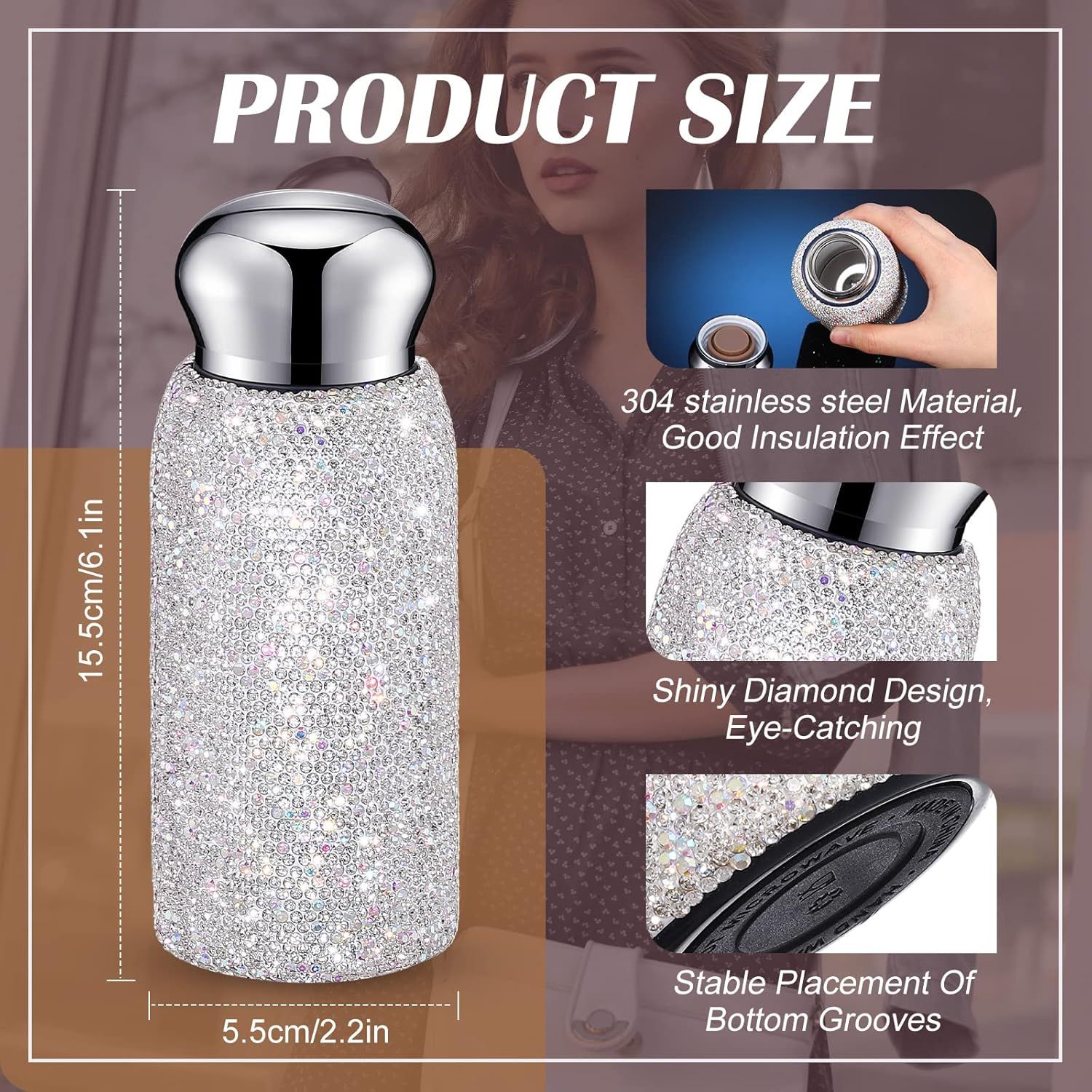 Champagne Handmade Luxury Diamond Insulated Water Bottle – Bling Rhinestone 304 Stainless Steel Pocket Mug (260ml) - Image 2