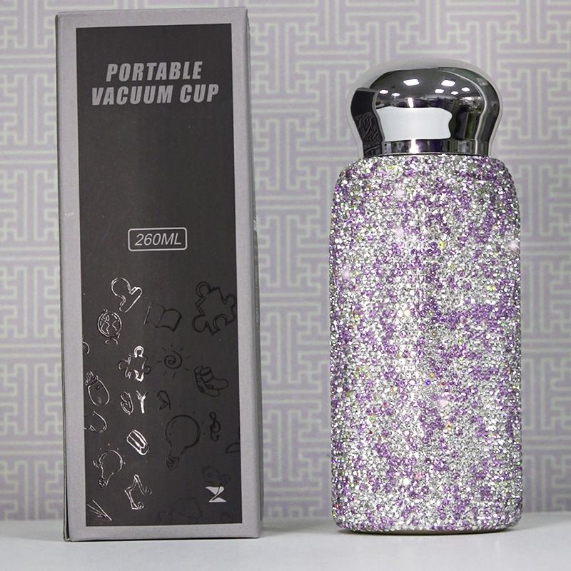 Purple Handmade Luxury Diamond Insulated Water Bottle – Bling Rhinestone 304 Stainless Steel Pocket Mug (260ml) - Image 1
