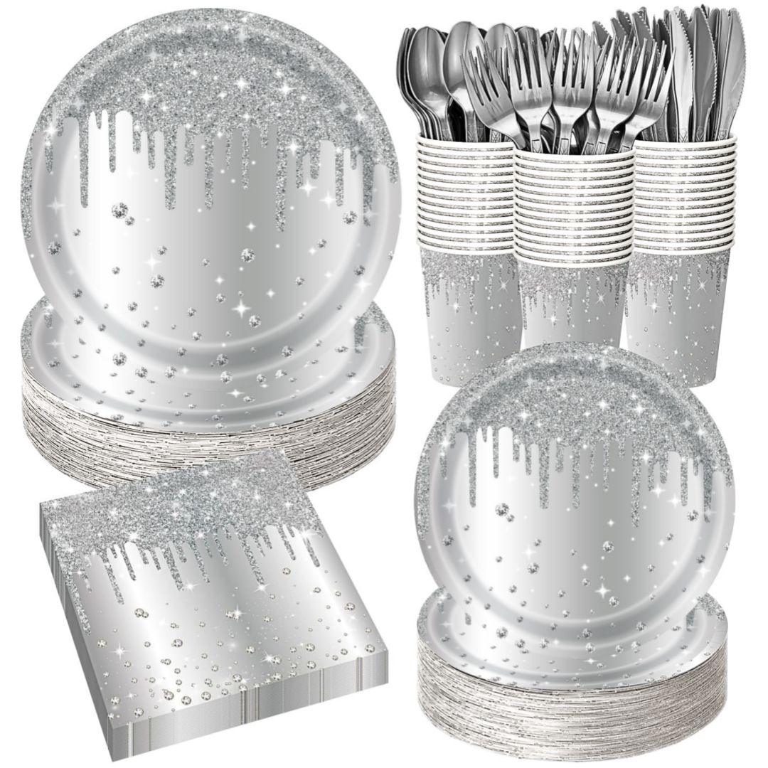 Silver Diamond Sparkle Party Tableware Set 7-Piece Set (Serves 20 People) – 140pcs Disposable Paper Plates, Tissures, Cups & Cutlery Kit for Weddings Birthdays & Parties - Image 1