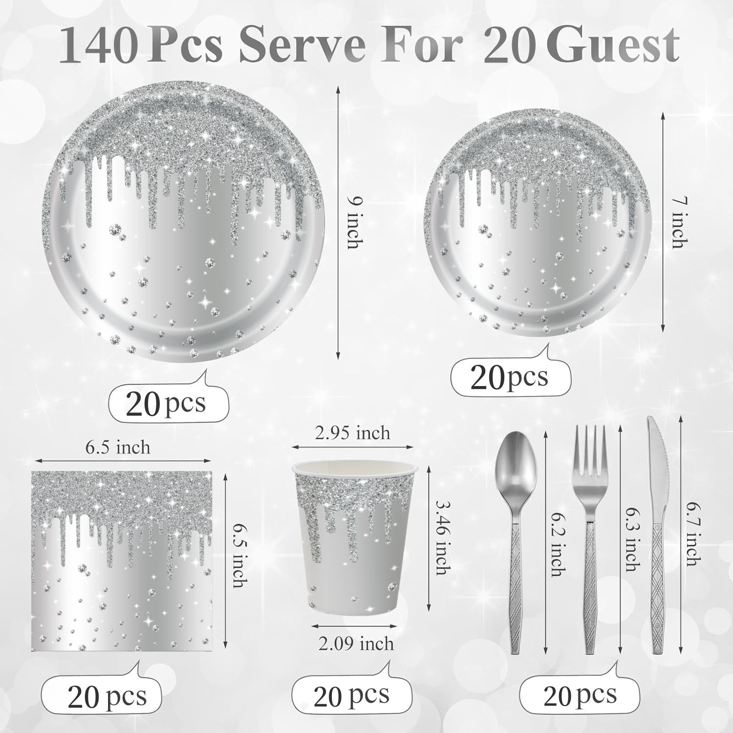 Silver Diamond Sparkle Party Tableware Set 7-Piece Set (Serves 20 People) – 140pcs Disposable Paper Plates, Tissures, Cups & Cutlery Kit for Weddings Birthdays & Parties - Image 2