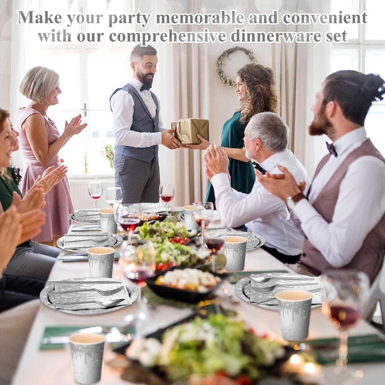 Silver Diamond Sparkle Party Tableware Set 7-Piece Set (Serves 20 People) – 140pcs Disposable Paper Plates, Tissures, Cups & Cutlery Kit for Weddings Birthdays & Parties - Image 3