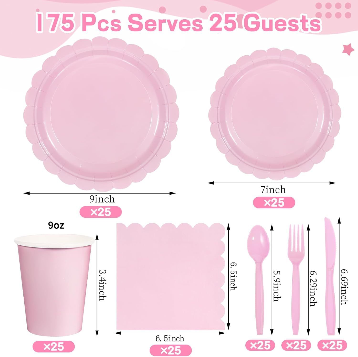 7-Piece Pink Scalloped Party Tableware Set with Floral Wavy Edges – Elegant Disposable Paper Plates 7 / 9 inch, Tissues, Cups & Cutlery Kit for Birthdays Parties and Baby Showers (Serves 25 People) - Image 3