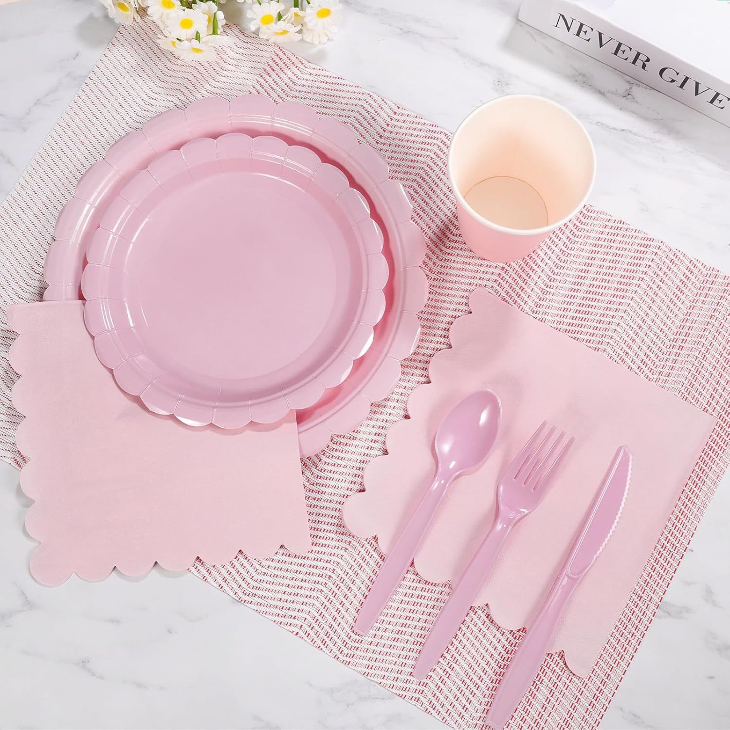7-Piece Pink Scalloped Party Tableware Set with Floral Wavy Edges – Elegant Disposable Paper Plates 7 / 9 inch, Tissues, Cups & Cutlery Kit for Birthdays Parties and Baby Showers (Serves 25 People) - Image 4