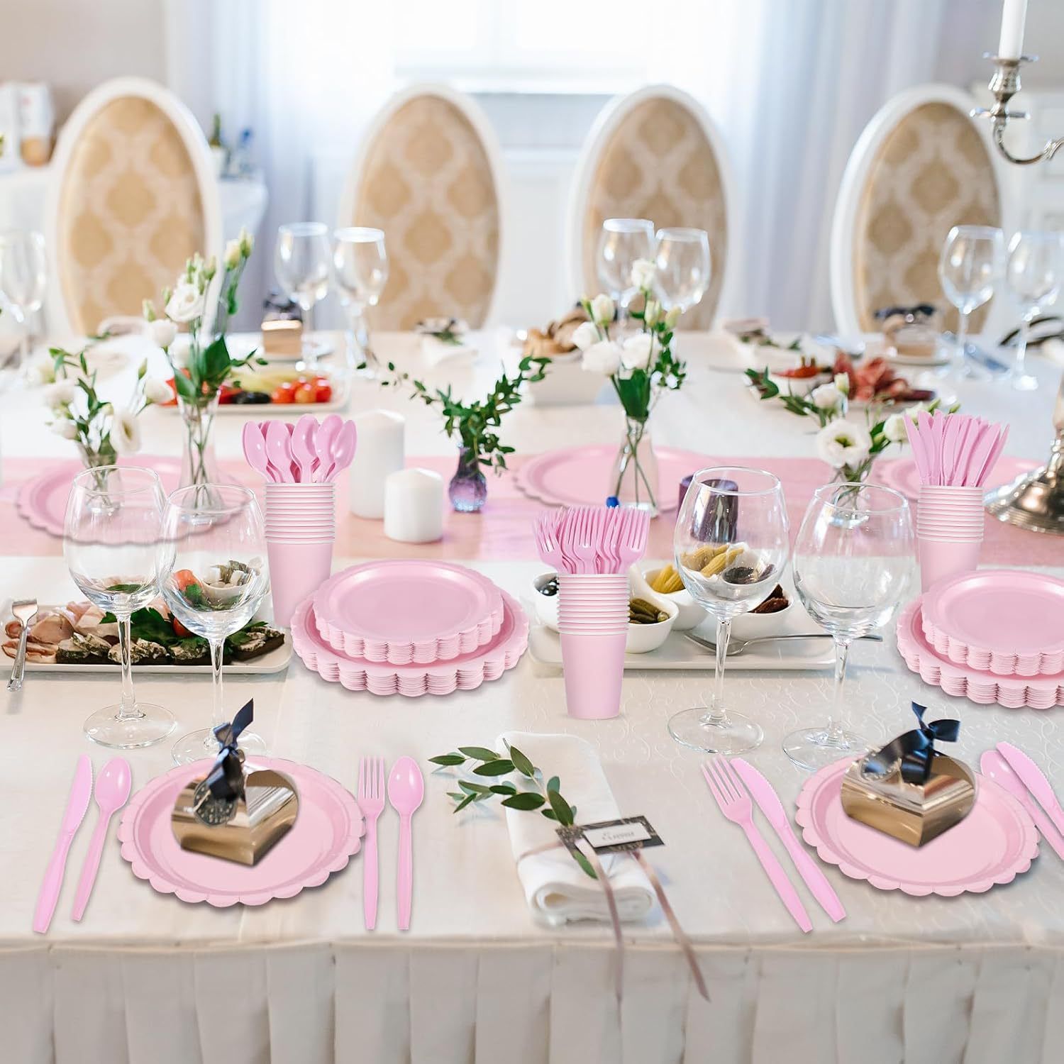 7-Piece Pink Scalloped Party Tableware Set with Floral Wavy Edges – Elegant Disposable Paper Plates 7 / 9 inch, Tissues, Cups & Cutlery Kit for Birthdays Parties and Baby Showers (Serves 25 People) - Image 5