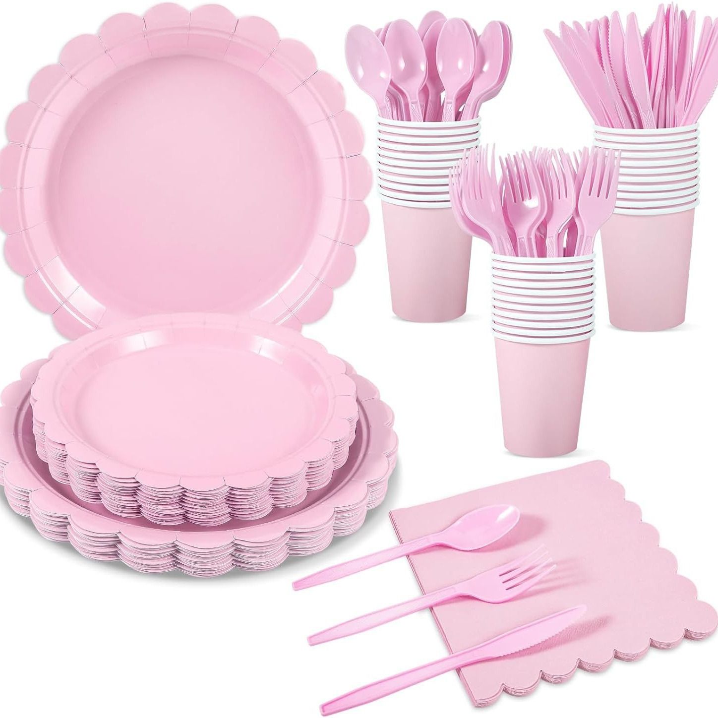 7-Piece Pink Scalloped Party Tableware Set with Floral Wavy Edges – Elegant Disposable Paper Plates 7 / 9 inch, Tissues, Cups & Cutlery Kit for Birthdays Parties and Baby Showers (Serves 50 People) - Image 1