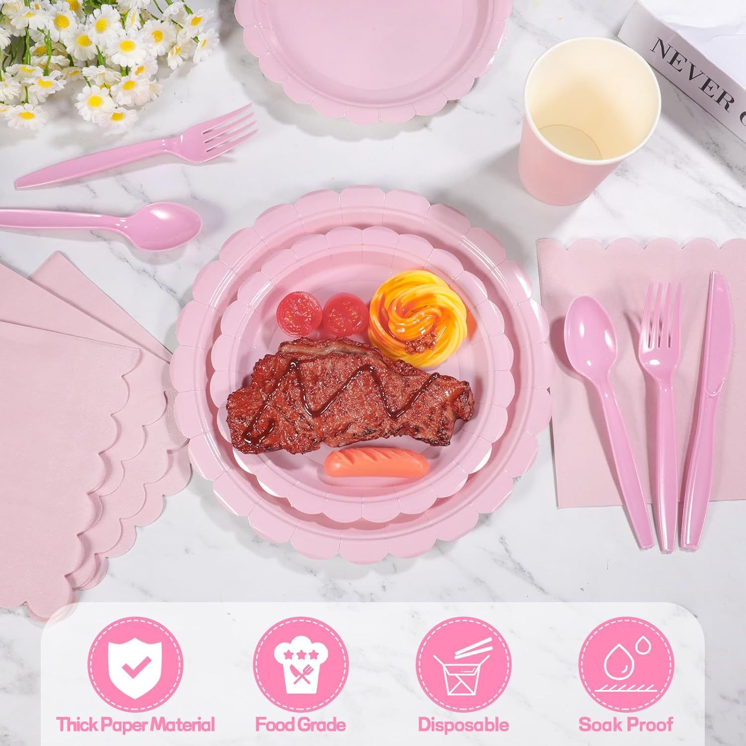 7-Piece Pink Scalloped Party Tableware Set with Floral Wavy Edges – Elegant Disposable Paper Plates 7 / 9 inch, Tissues, Cups & Cutlery Kit for Birthdays Parties and Baby Showers (Serves 50 People) - Image 2