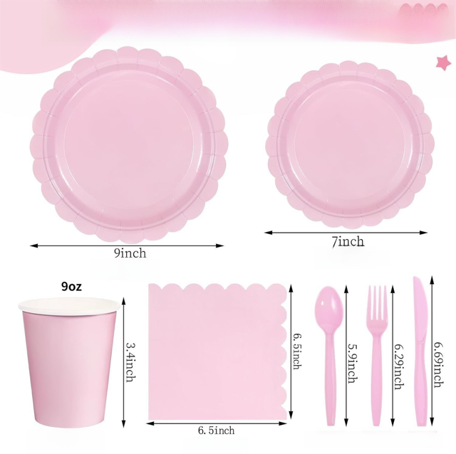 7-Piece Pink Scalloped Party Tableware Set with Floral Wavy Edges – Elegant Disposable Paper Plates 7 / 9 inch, Tissues, Cups & Cutlery Kit for Birthdays Parties and Baby Showers (Serves 50 People) - Image 3