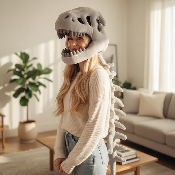 80CM Grey Funny Dinosaur Skeleton Plush Headwear – Quirky Bone Fossil Plushie Hat & Huggable Doll for Party Costumes and Birthday Gifts - Image 1